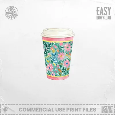 Pink lid coffee cup with floral watercolor pattern.