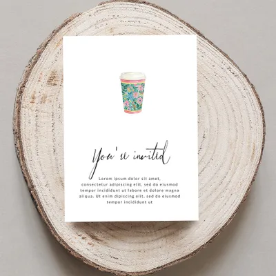 Invitation with floral coffee cup and placeholder text.