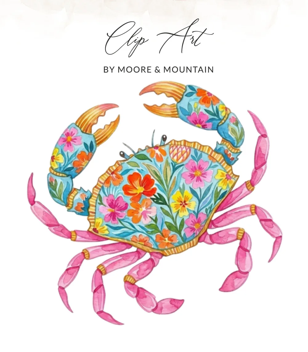 Watercolor crab with colorful floral pattern and text "Clip Art by Moore & Mountain".