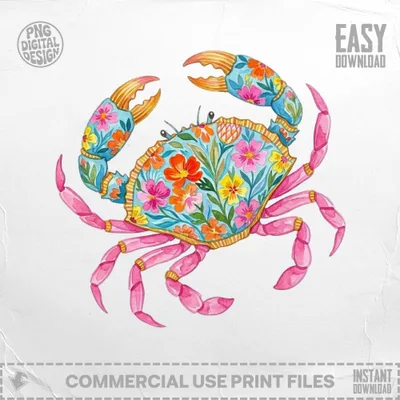 Watercolor crab with vibrant floral pattern and pink claws.