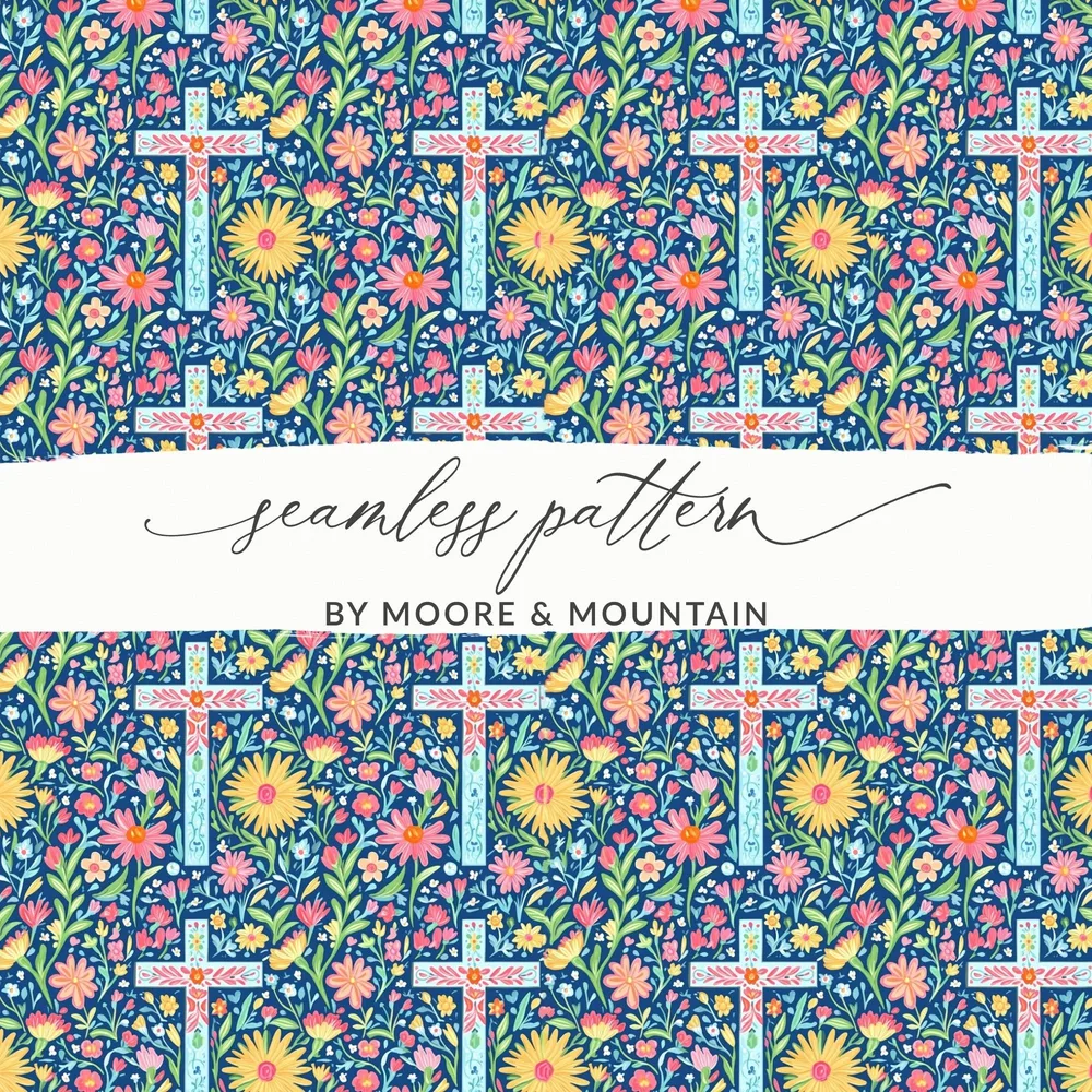 Floral Cross Digital Paper, Seamless Pattern Bundle, Spring Flowers Print, Easter Fabric Design, Religious Backgrounds, Scrapbook Paper - Moore and Mountain