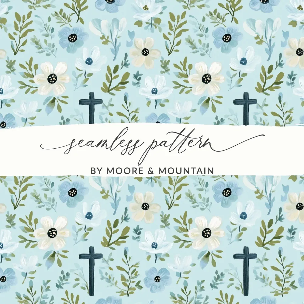 Floral Cross Seamless Pattern, Digital Download, Flower Backgrounds, 12x12 JPEG, Pastel Floral Digital Paper, Religious Backgrounds - Moore and Mountain