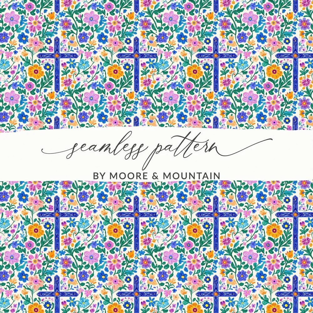 Floral Cross Seamless Pattern, Digital Paper, Christian Design, Religious Background, Colorful Flowers, Download Includes 2 Scales - Moore and Mountain