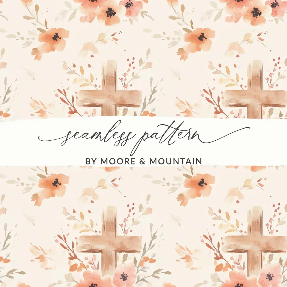 Floral Cross Seamless Pattern, Digital Paper Pack, Watercolor Flowers, Religious Backgrounds, JPEG Files, Digital Scrapbooking - Moore and Mountain