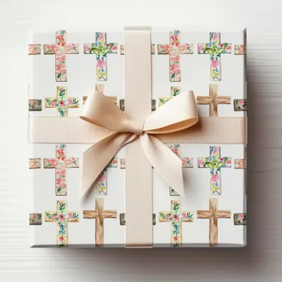 Floral Crosses Gift Wrapping Paper with Ribbon