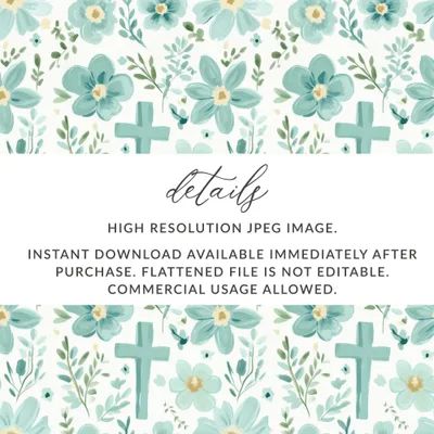 Floral Cross Seamless Pattern Digital Paper, Teal Flower Background, Religious Design, Printable Scrapbook Paper, Christian Easter Digital - Moore and Mountain