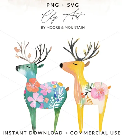 Floral Deer Digital Print Whimsical Woodland Nursery Wall Art Folk Deer Clipart PNG Boho Floral Reindeer Printable Spring Cottagecore Decor