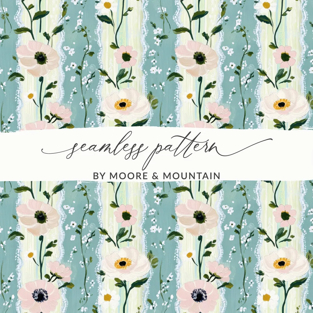 Floral Digital Paper, Anemone Seamless Pattern, Pastel Flower Print, Green Wallpaper, Digital Fabric Design, JPEG Files, Scrapbook Paper - Moore and Mountain