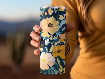 Floral Patterned Travel Mug with Yellow Flowers