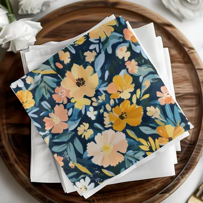 Vibrant Dark Blue Floral Napkins with Yellow Flowers