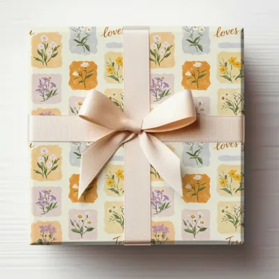 Floral Patterns Gift Wrap with Cream Ribbon Box