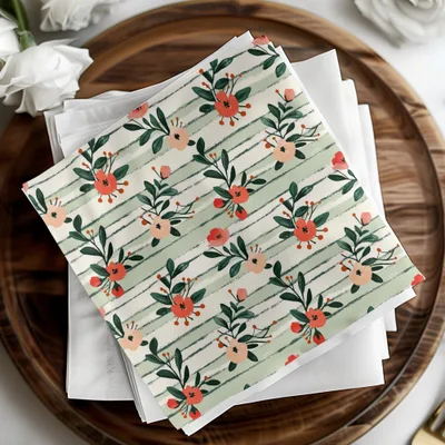 Floral Digital Paper, Peach Red Flowers, Green Stripes Pattern, Summer, Spring Print, Scrapbooking Paper, Fabric Design, Digital Download - Moore and Mountain