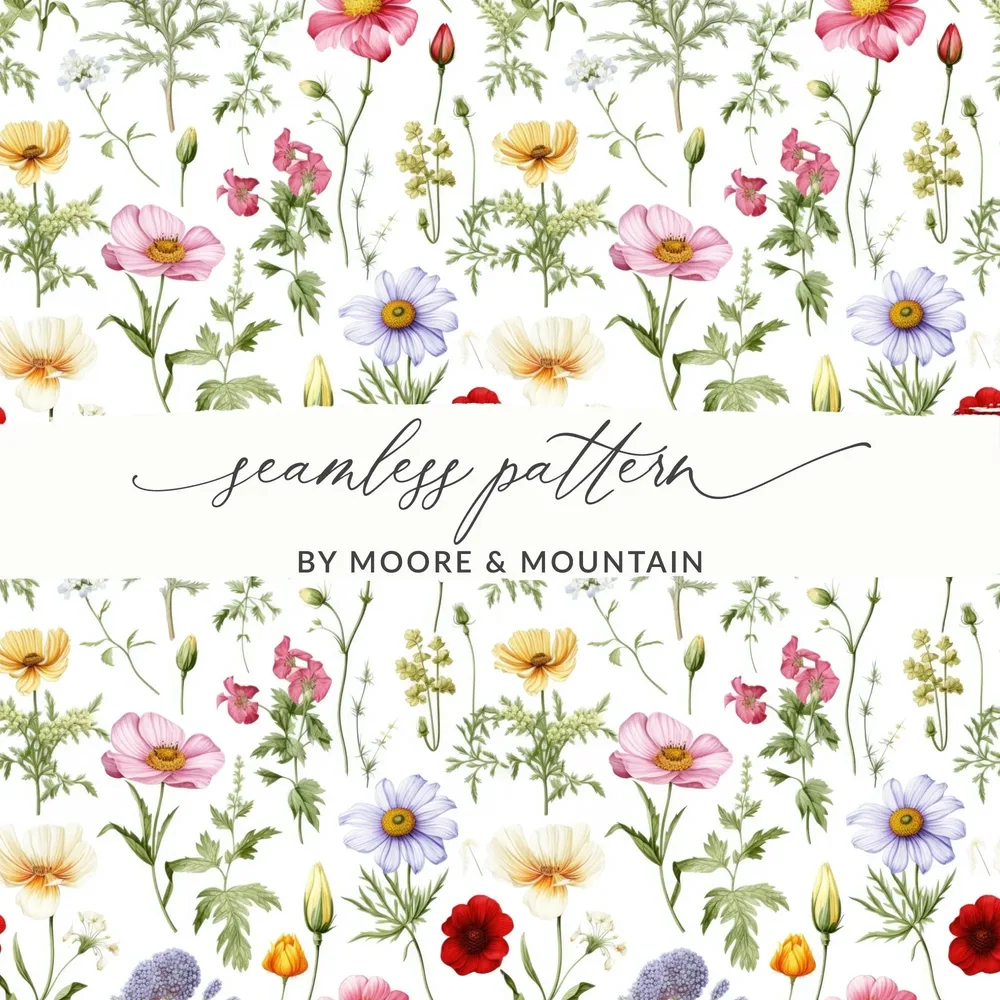 Floral Digital Paper, Seamless Flower Pattern, Botanical Fabric Design, Watercolor Floral Print, Spring Flower Clipart, JPEG Digital - Moore and Mountain