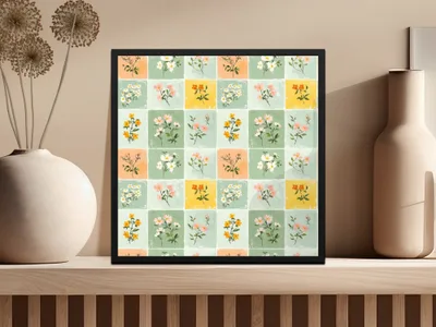 Colorful Floral Grid Pattern Wall Art Decor Print