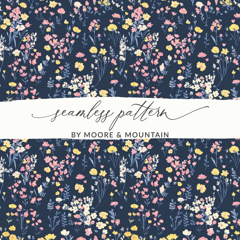Floral Digital Paper, Seamless Flower Pattern, Navy Pink Yellow, Commercial Use, Printable Fabric, Digital Download, Scrapbook Paper - Moore and Mountain