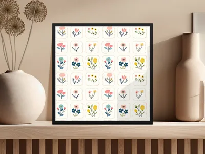 Framed wall art with various watercolor flower designs in a grid, for Floral Digital Paper, Seamless Flower Pattern, Watercolor Flower Clipart, Flower Design for Fabric, Flower Digital Backgrounds.