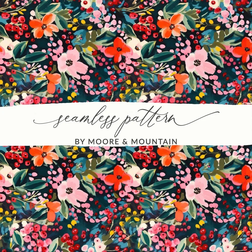 Floral Digital Paper, Seamless Pattern, Berry Flower Print, Dark Background, Fabric Design, Digital Download, Commercial Use - Moore and Mountain