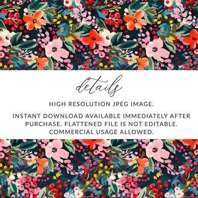 Floral Digital Paper, Seamless Pattern, Berry Flower Print, Dark Background, Fabric Design, Digital Download, Commercial Use - Moore and Mountain