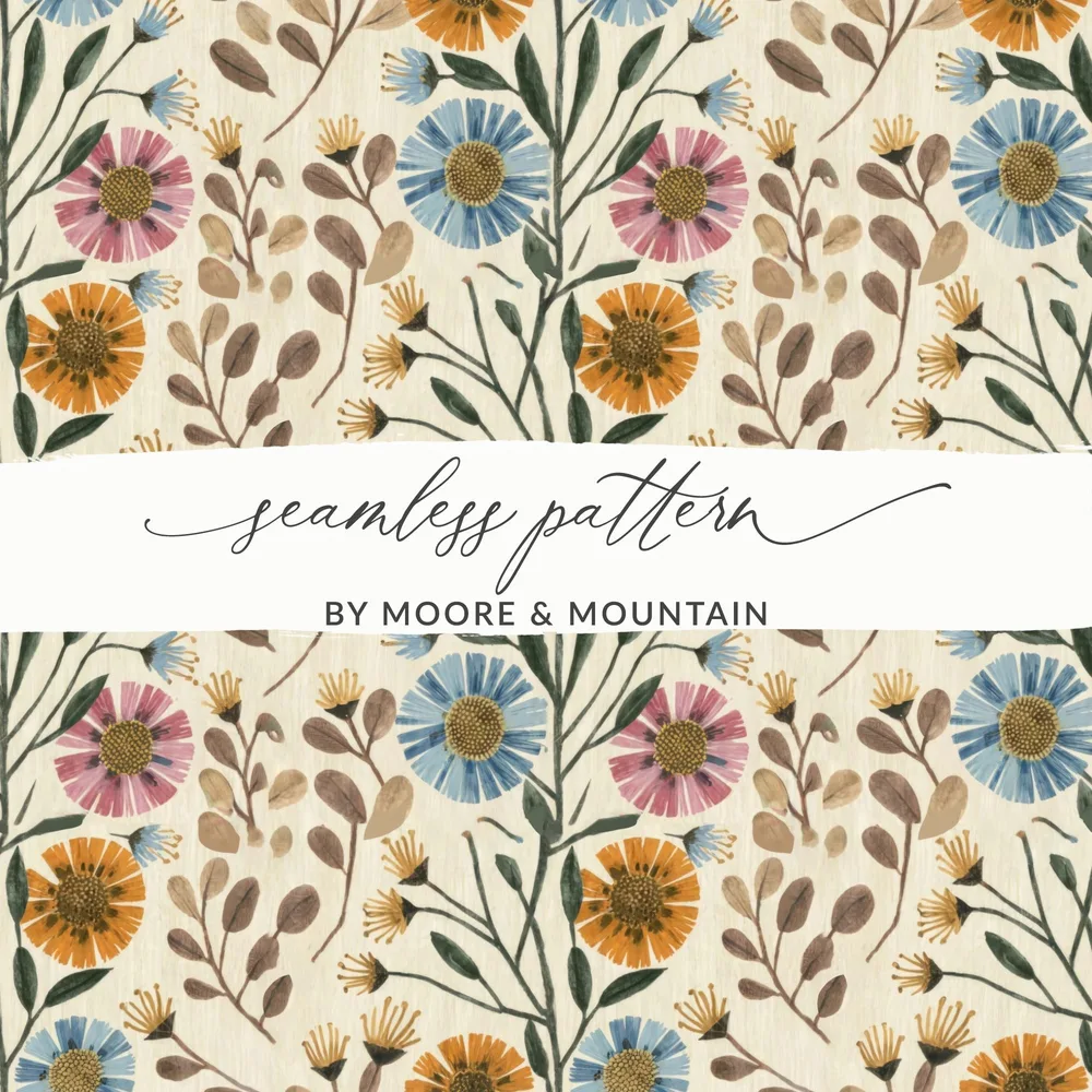 Floral Digital Paper, Seamless Pattern, Colorful Flower Background, Scrapbook Paper, Fabric Design, Boho Botanical, Printable Digital - Moore and Mountain
