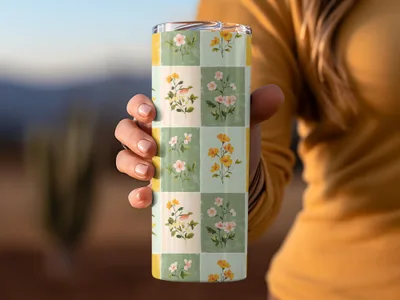 Floral Checkered Print Stainless Steel Tumbler