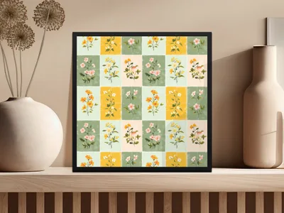 Vibrant Floral Patterned Artwork in Checkerboard Design