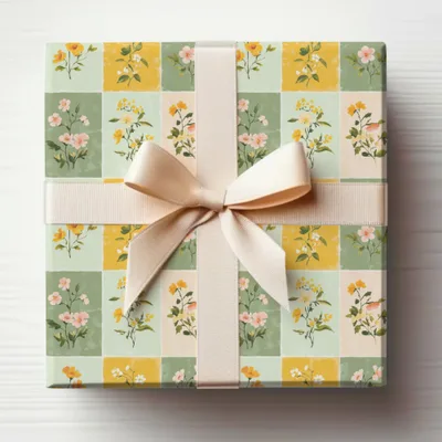 Vintage Floral Checkered Gift Box with Ribbon
