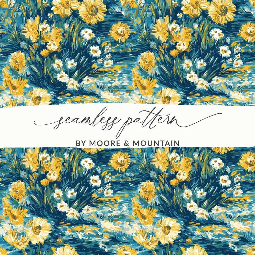 Floral Digital Paper, Seamless Sunflower Pattern, Botanical Scrapbook Paper, Teal and Yellow Floral Print, Flower Background Digital - Moore and Mountain