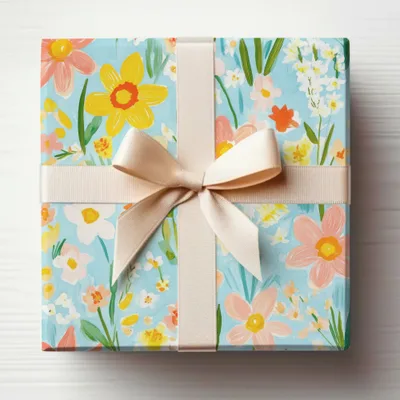 Beautiful Floral Gift Wrap With Cream Ribbon Gift Box