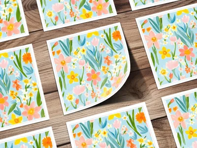 Colorful Spring Floral Print on Blue Background Poster