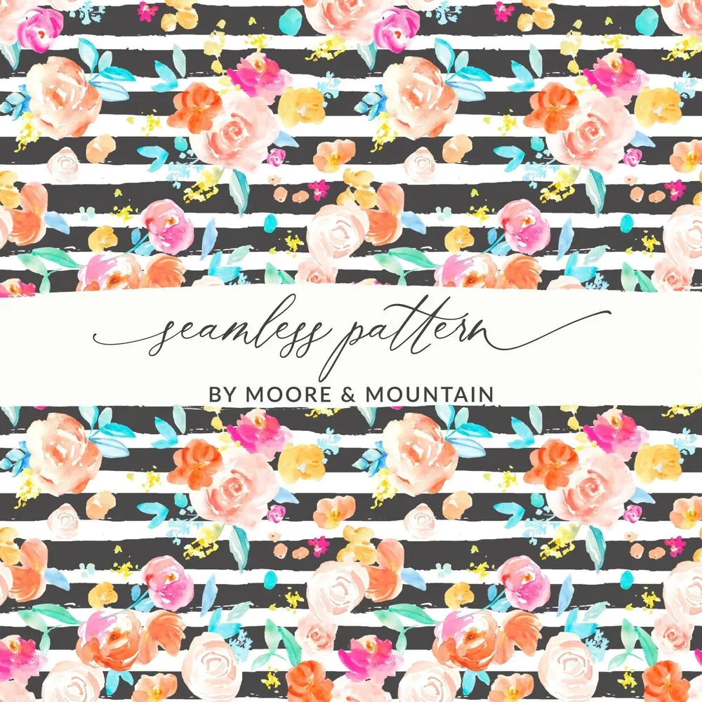 Floral Digital Paper, Striped Digital Download, Flower Pattern Seamless, Watercolor Flowers, Commercial Use Digital Paper, Fabric Design - Moore and Mountain