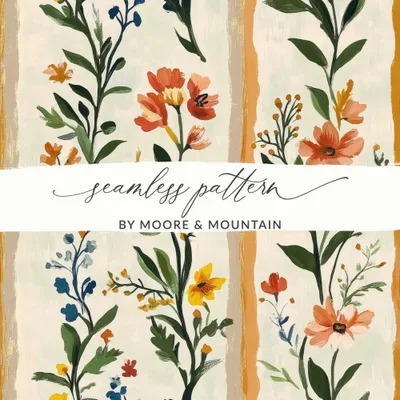 Floral Digital Paper, Vintage Flowers Pattern, Seamless Flower Digital Print, Floral Fabric Design, Orange and Blue Flowers, Digital