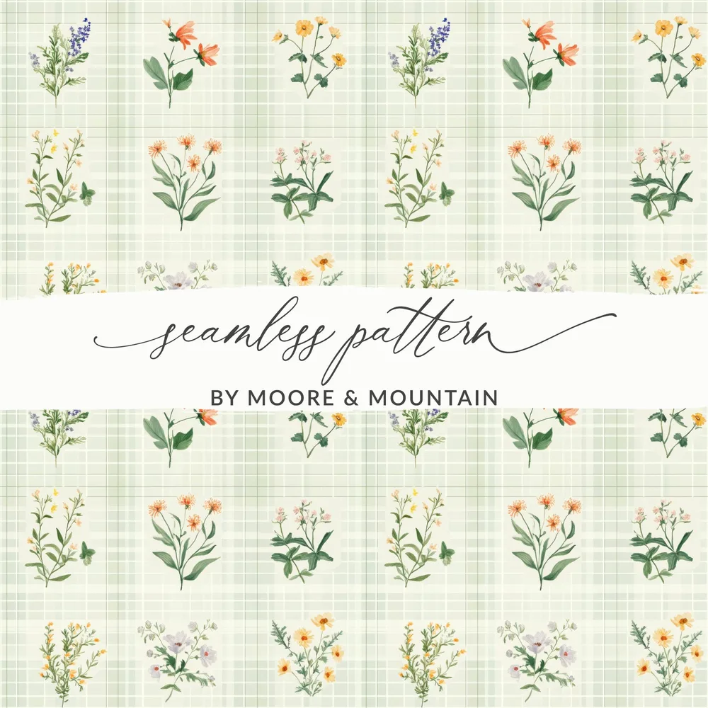 Floral Digital Paper, Watercolor Flowers, Seamless Pattern, Plaid Background, Botanical Print, Digital Download, Fabric Design, Scrapbooking - Moore and Mountain