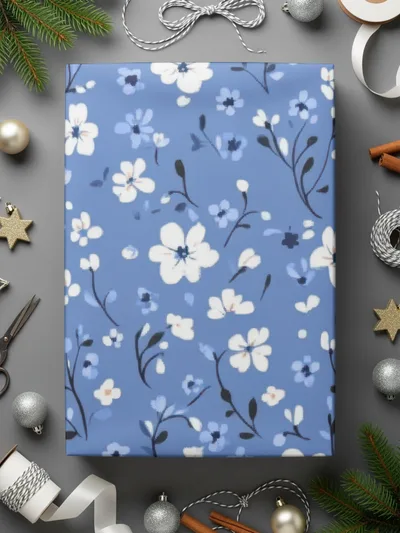 Blue Floral Print on Gift Wrapping Paper