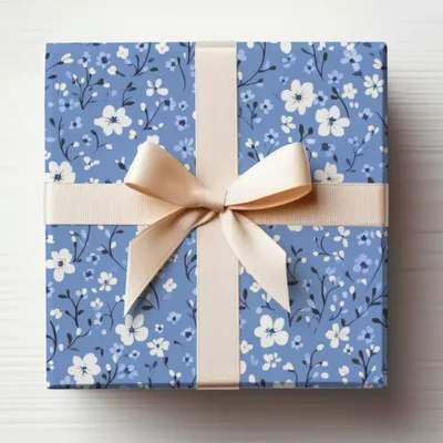 Floral Patterned Blue Gift Box with Cream Bow Product