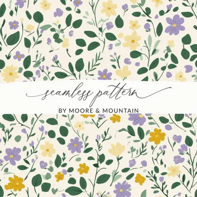 Floral Ditsy Yellow Purple Blossoms Leafy Background Digital