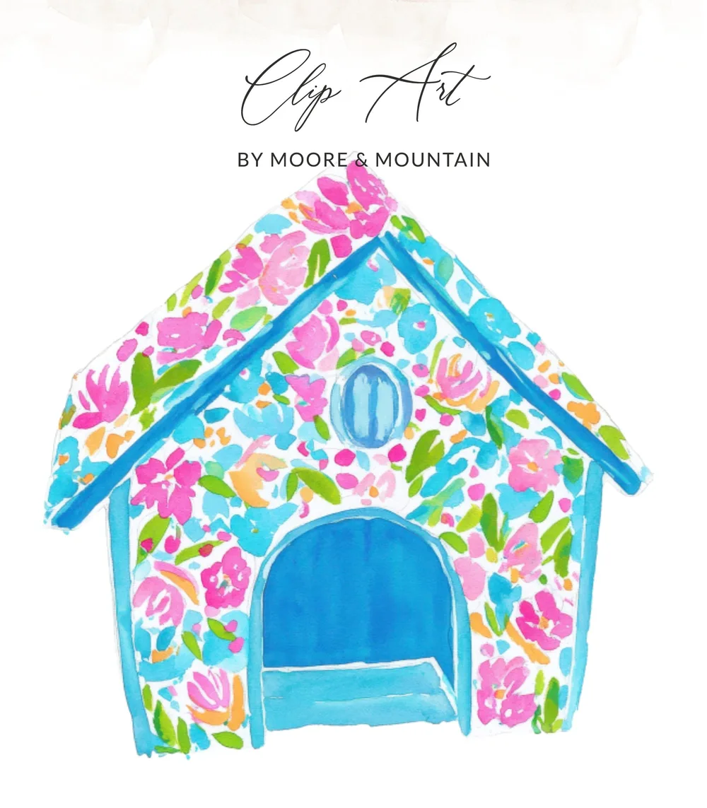 Floral dog house with "Clip Art by Moore & Mountain" text.