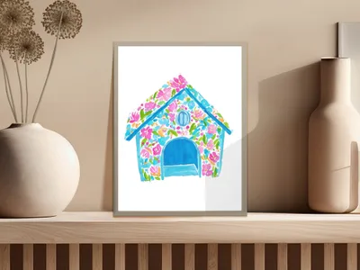 Watercolor illustration of a colorful doghouse with floral and geometric patterns.