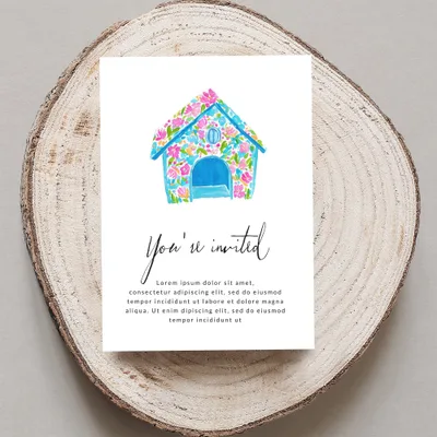 Invitation with floral dog house illustration and "You're invited" text.