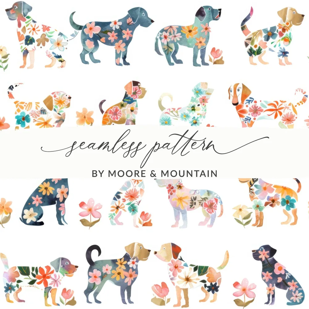 Floral Dogs Digital Paper, Watercolor Puppies Pattern, Spring Seamless Dogs Art, Cute Animal Print, Baby Fabric Design, Pet Illustration - Moore and Mountain