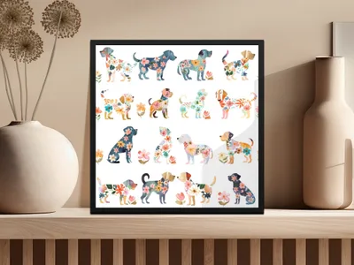 Floral Dogs Digital Paper, Watercolor Puppies Pattern, Spring Seamless Dogs Art, Cute Animal Print, Baby Fabric Design, Pet Illustration - Moore and Mountain