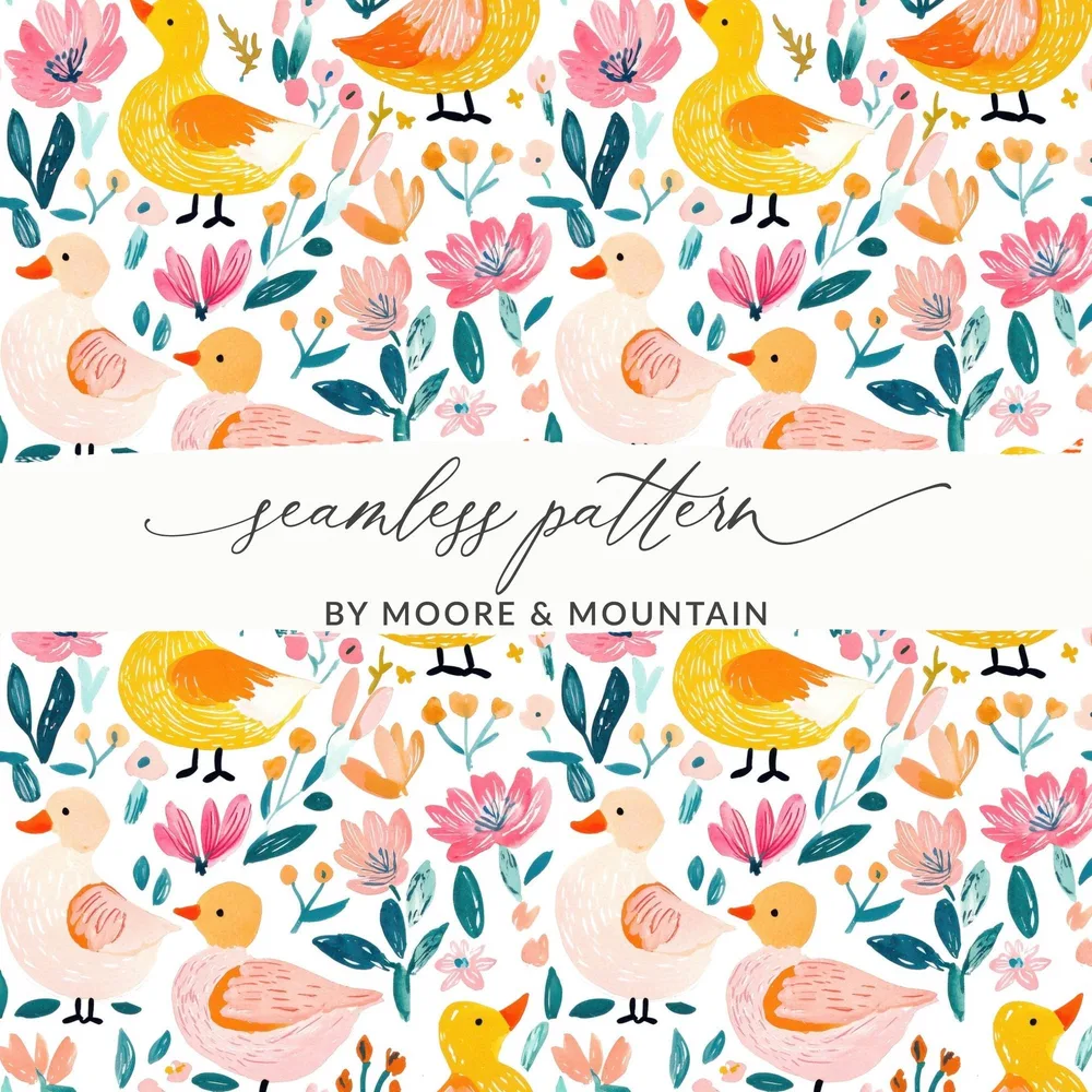Floral Duck Digital Paper, Seamless Pattern Download, Fabric Design, Scrapbooking Paper, Cute Ducks and Flowers, Digital Files - Moore and Mountain