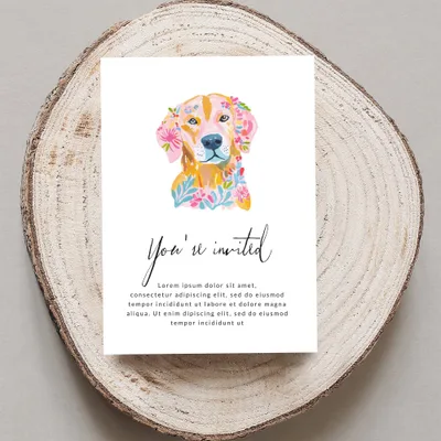 Floral dog illustration on an invitation card that reads "You're invited."