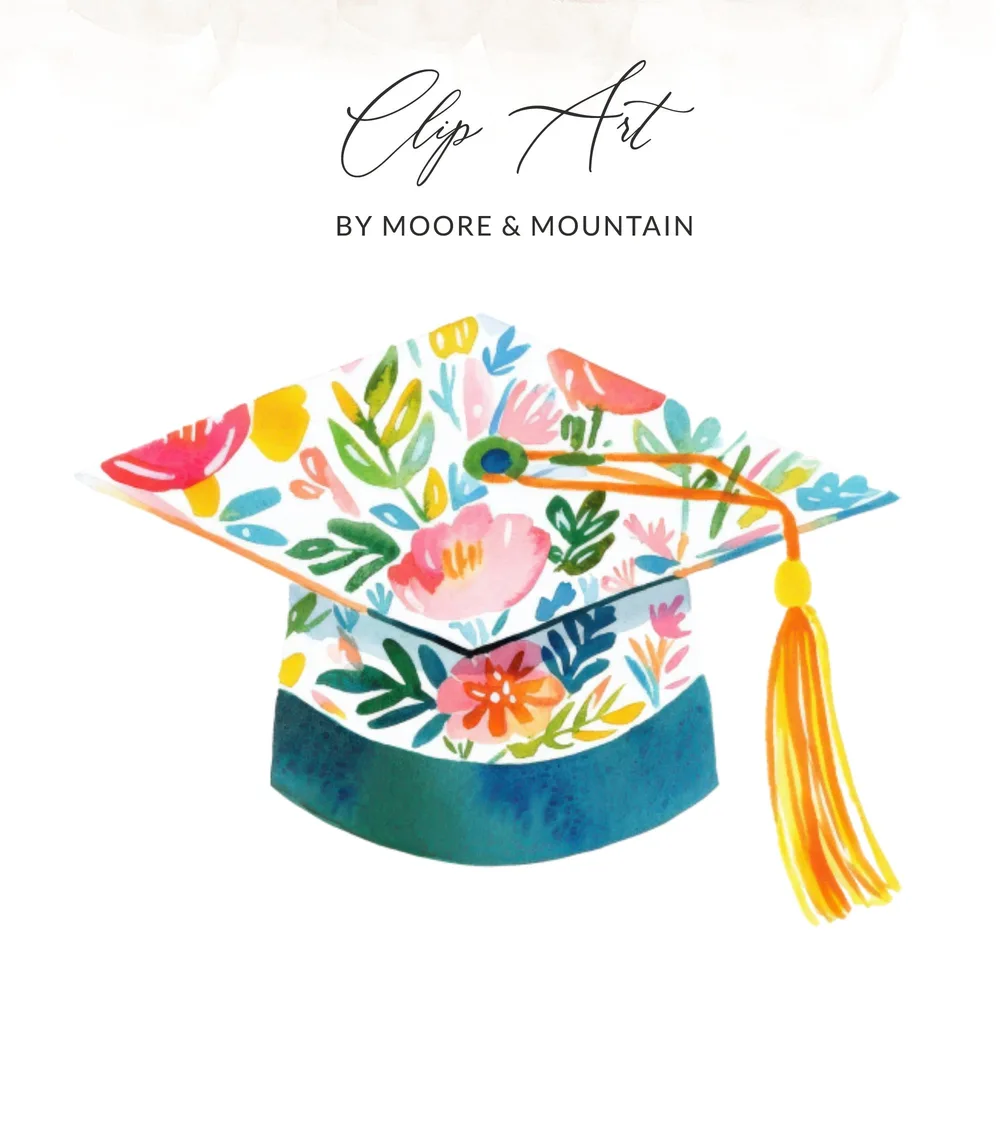 Floral graduation cap with tassel, "Clip Art BY MOORE & MOUNTAIN" text.