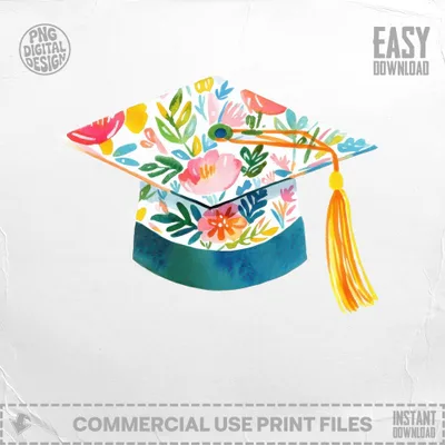 Graduation cap with a floral watercolor design and yellow tassel.