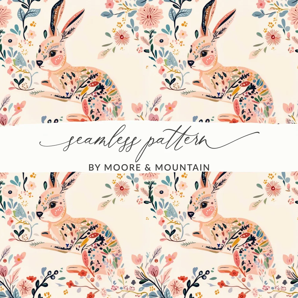 Floral Hare Digital Paper, Seamless Rabbit Pattern, Cute Animal Print, Digital Download for Fabric, Scrapbooking, Crafts, 12x12 JPEG - Moore and Mountain