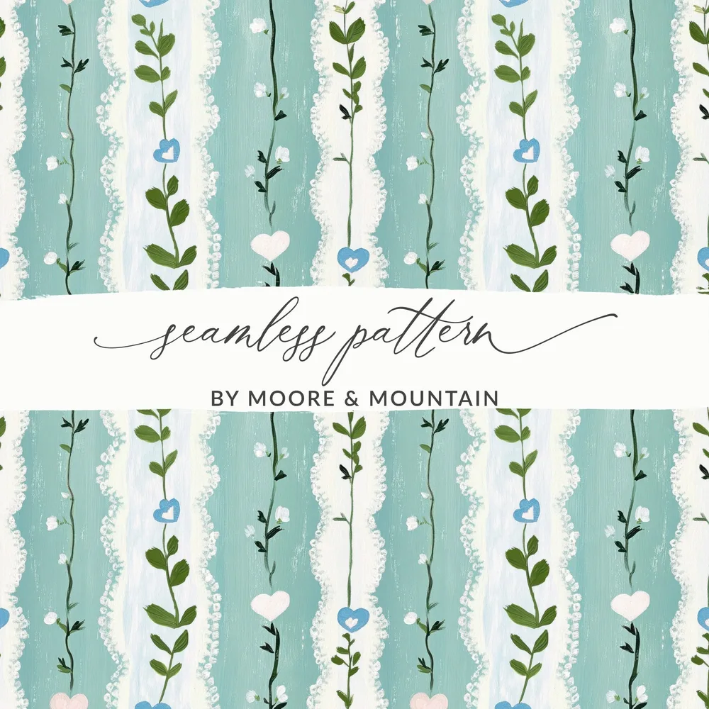 Floral Heart Digital Paper, Seamless Pattern, Painted Flower Digital, Blue Pink Green Digital Download, Spring Summer Pattern - Moore and Mountain