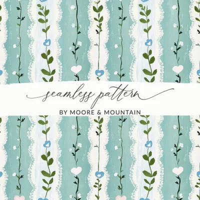 Floral Heart Digital Paper, Seamless Pattern, Painted Flower Digital, Blue Pink Green Digital Download, Spring Summer Pattern