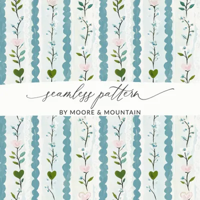 Floral Heart Seamless Pattern, Digital Paper, Blue Stripe Texture, Fabric Design, Scrapbooking, Printable Backgrounds, Digital Download