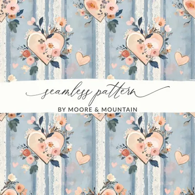 Floral Hearts Digital Paper, Seamless Pattern, Valentine's Day, Light Blue Texture, Romantic Design, Digital Download