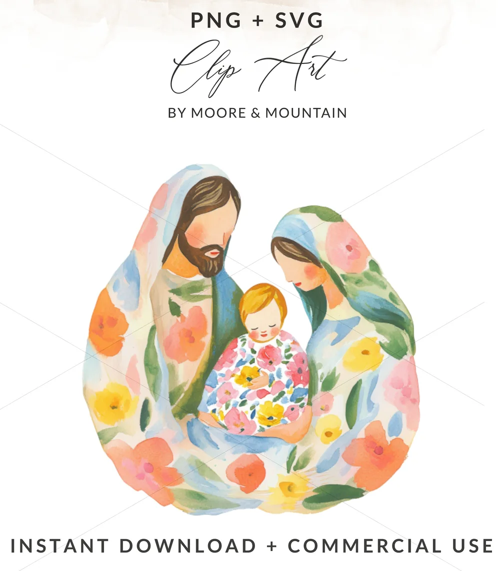 Floral Holy Family Art Digital Print, Watercolor Nativity Wall Art, Modern Christian Baby Shower Gift, Boho Jesus Mary Joseph Printable PNG